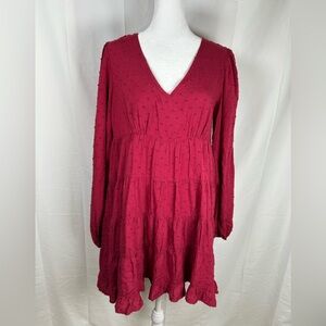 Urban Outfitters Swiss Dot Babydoll Mini Dress Small Burgundy Long Sleeve Puff